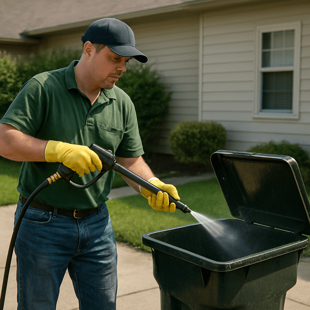 Trash can being professionally cleaned with high pressure water